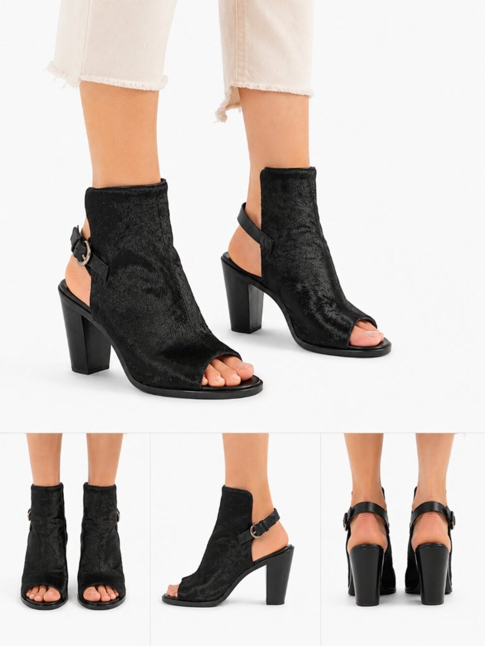 RAG & BONE WYATT BLACK CALF HAIR SLING BACK PEEP TOE HEELED SANDALS - 8 (38)